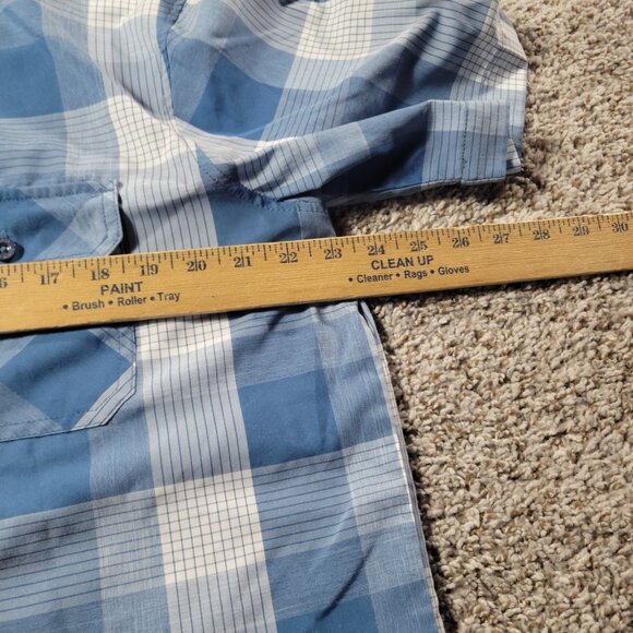 Orvis Shirt Mens Large Blue Short Sleeve Button Up Polyester Hiking Camp Plaid - Picture 4 of 7